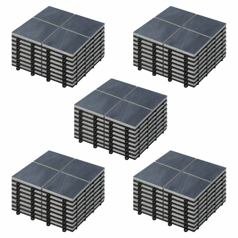 Lot dalles de terrasse clipsables à carreaux en pierre noire (30 x 30 x 2,5 cm)