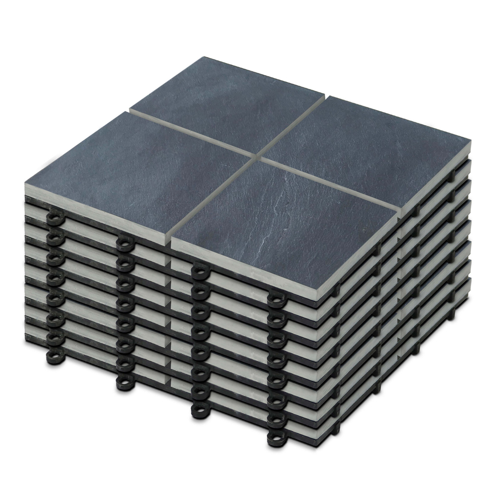 Lot dalles de terrasse clipsables à carreaux en pierre noire (30 x 30 x 2,5 cm)