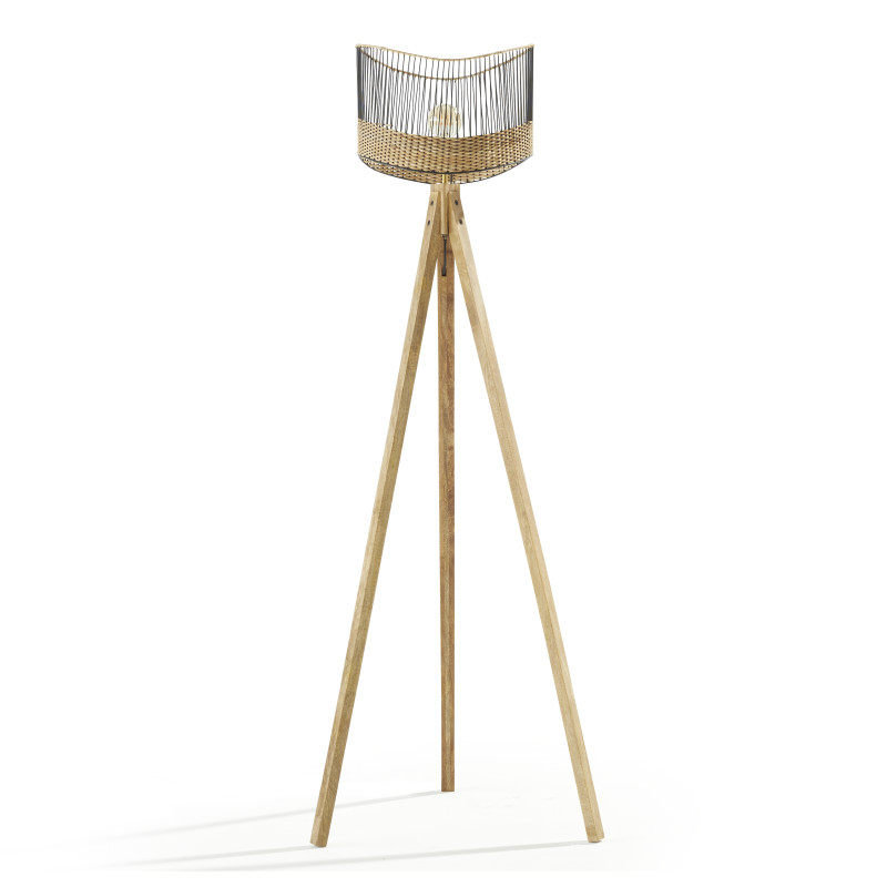 Lampadaire en manguier massif et rotin