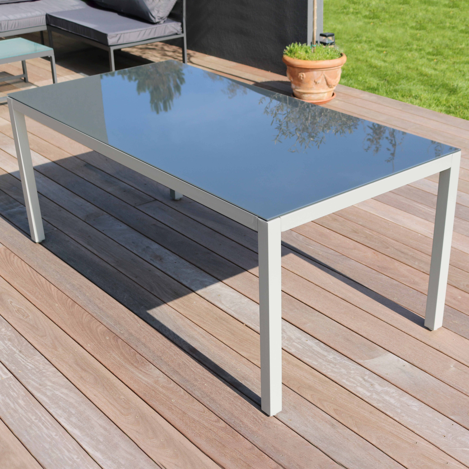 Table de jardin en aluminium avec plateau en verre sécurit (180 x 90 x 73 cm)