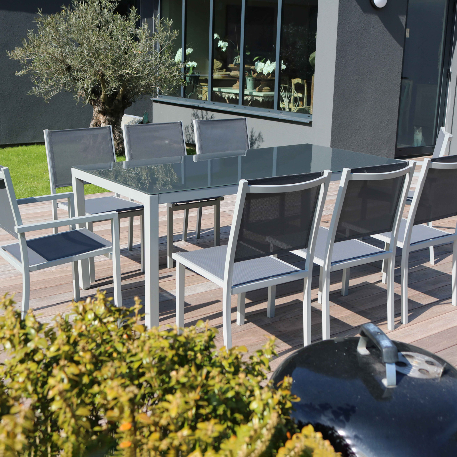Table de jardin en aluminium avec plateau en verre sécurit (180 x 90 x 73 cm)
