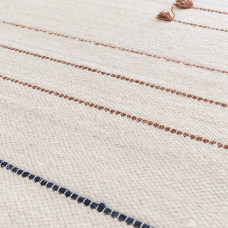 Tapis rectangulaire en laine tissé à la main avec pompons à poils ras (3/4)