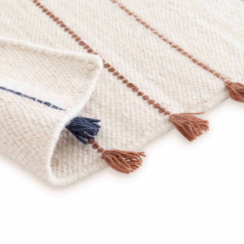 Tapis rectangulaire en laine tissé à la main avec pompons à poils ras