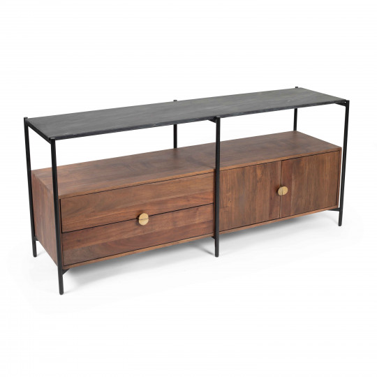 Meuble TV en marbre avec rangement en acacia massif