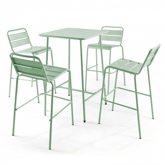 Table de bar haute 70 cm x 70 cm et 4 chaises hautes en métal