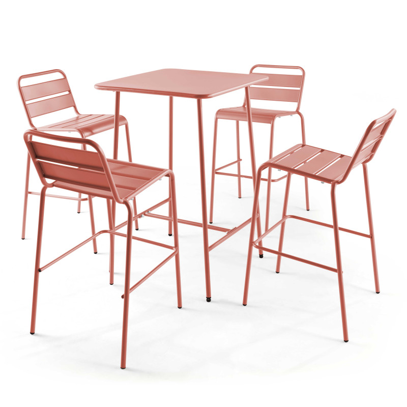 Table de bar haute 70 cm x 70 cm et 4 chaises hautes en métal