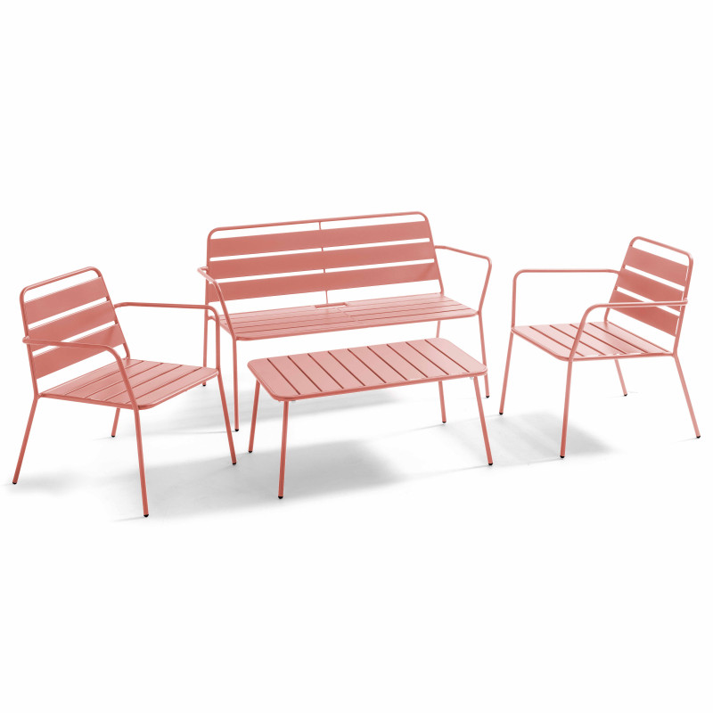 Salon de jardin 4 places en métal, 1 table basse, 2 fauteuils, 1 canapé