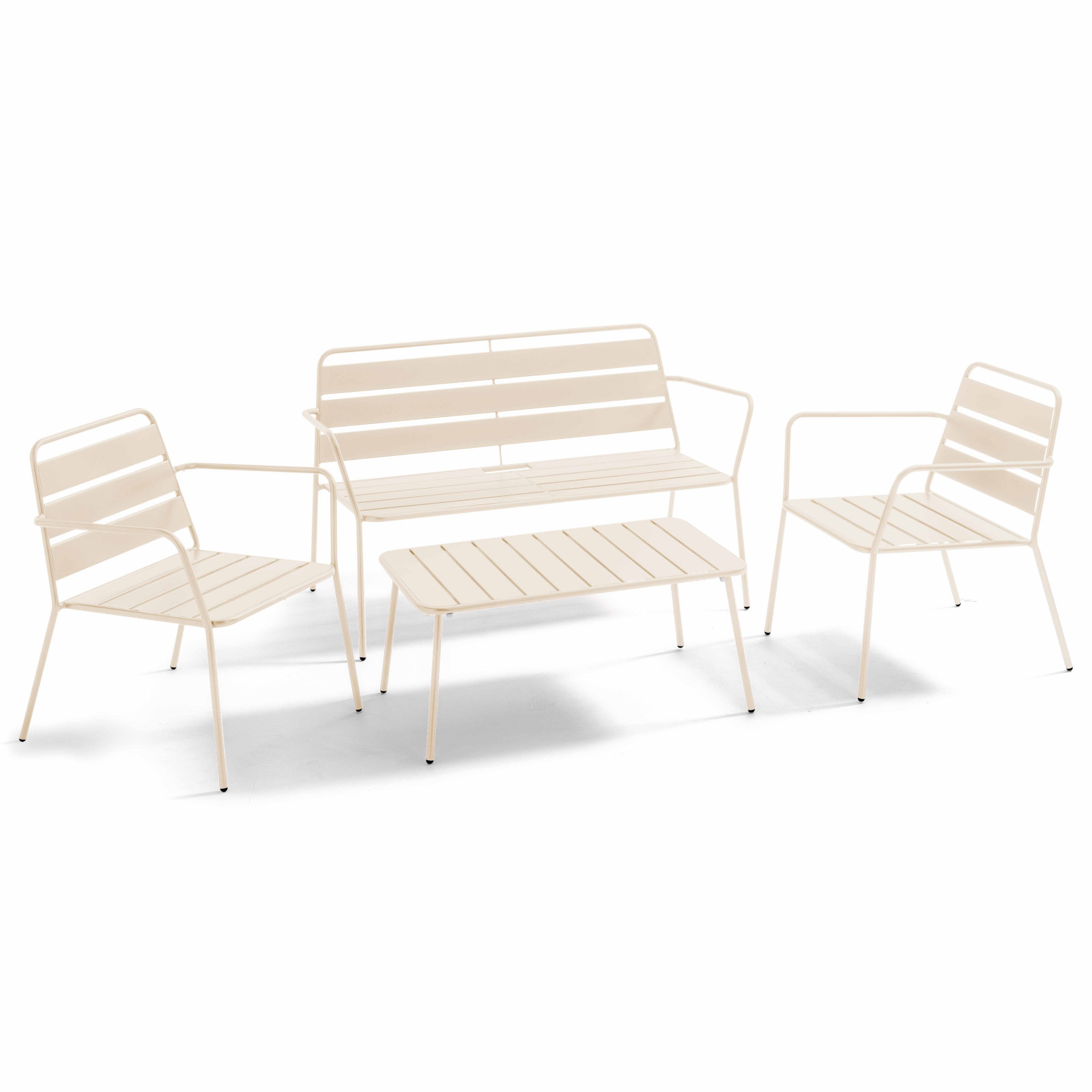 Salon de jardin 4 places en métal, 1 table basse, 2 fauteuils, 1 canapé