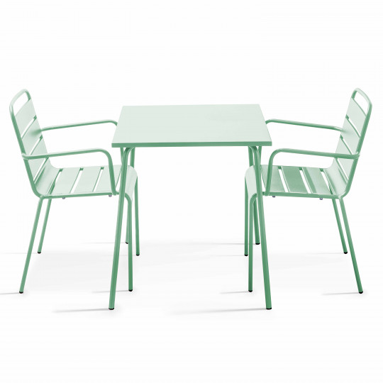 Table de jardin bistrot carrée 70 x 70 cm et 2 chaises en métal avec accoudoirs