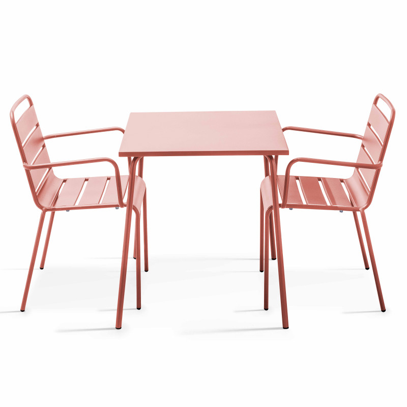 Table de jardin bistrot carrée 70 x 70 cm et 2 chaises en métal avec accoudoirs