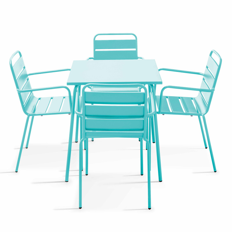 Ensemble table carrée (70 x 70 x 72 cm) et 4 chaises avec accoudoirs