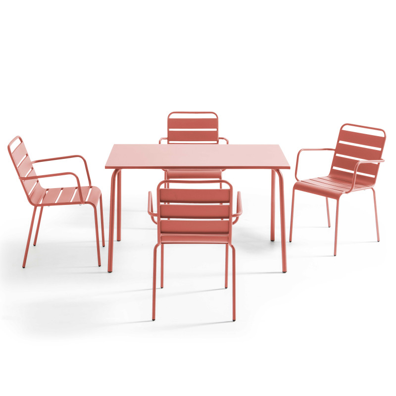 Table de jardin rectangulaire 120 x 70 cm et 4 chaises avec accoudoirs en métal