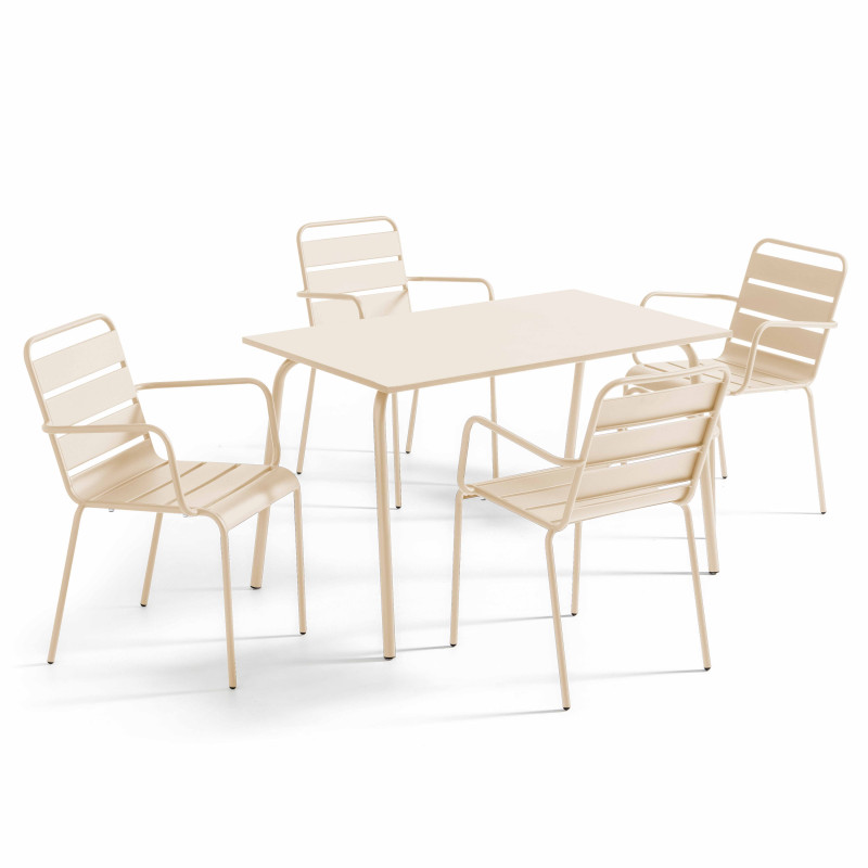 Table de jardin rectangulaire 120 x 70 cm et 4 chaises avec accoudoirs en métal