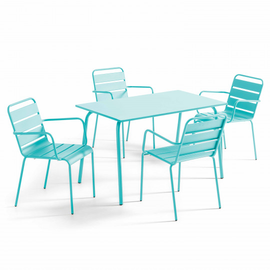 Table de jardin rectangulaire 120 x 70 cm et 4 chaises avec accoudoirs en métal