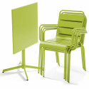 Table de jardin bistrot carrée 70 x 70 cm rabattable et 4 chaises avec accoudoirs en métal