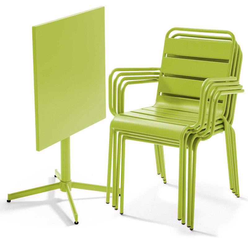 Table de jardin bistrot carrée 70 x 70 cm rabattable et 4 chaises avec accoudoirs en métal
