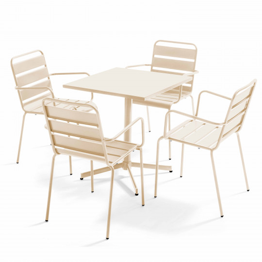 Table de jardin bistrot carrée 70 x 70 cm rabattable et 4 chaises avec accoudoirs en métal