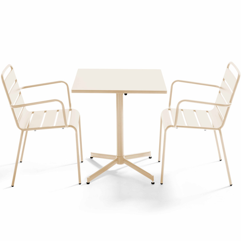 Table de jardin bistrot rabattable carrée 70 x 70 cm en métal et 2 chaises avec accoudoirs