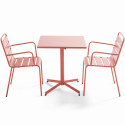 Table de jardin bistrot rabattable carrée 70 x 70 cm en métal et 2 chaises avec accoudoirs