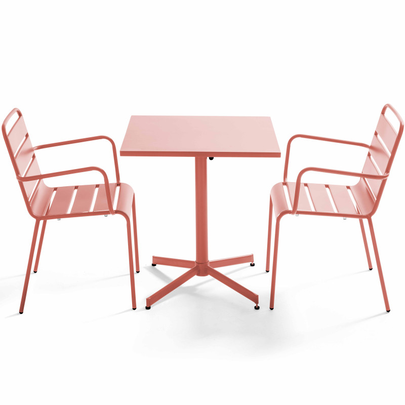 Table de jardin bistrot rabattable carrée 70 x 70 cm en métal et 2 chaises avec accoudoirs