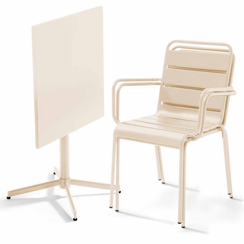 Table de jardin bistrot rabattable carrée 70 x 70 cm en métal et 2 chaises avec accoudoirs