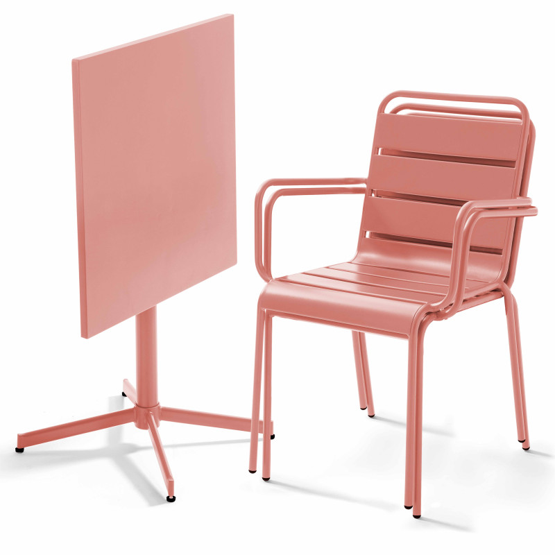 Table de jardin bistrot rabattable carrée 70 x 70 cm en métal et 2 chaises avec accoudoirs