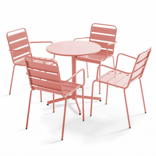 Table de jardin bistrot ronde inclinable en métal Ø70 cm et 4 chaises avec accoudoirs | Oviala