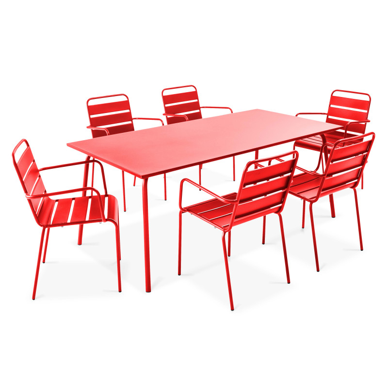 Table de jardin rectangulaire 180 x 90 cm et 6 chaises avec accoudoirs en métal