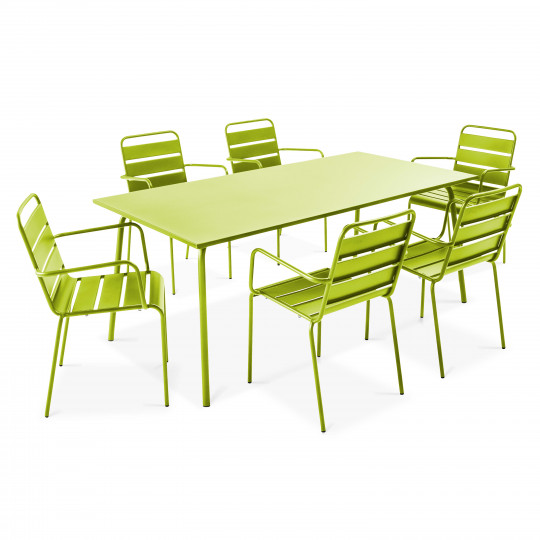 Table de jardin rectangulaire + 6 chaises empilables avec accoudoirs | Oviala