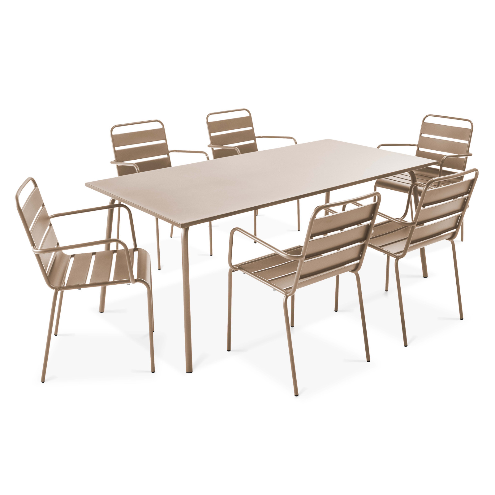 Table de jardin rectangulaire 180 x 90 cm et 6 chaises avec accoudoirs en métal