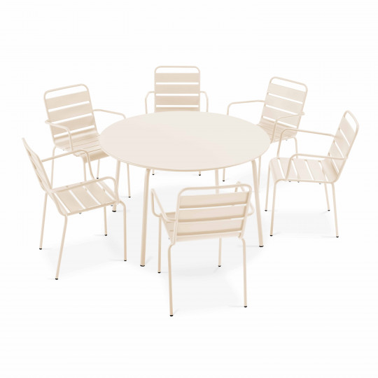 Table de jardin ronde Ø120 x 72 cm et 6 chaises avec accoudoirs en métal