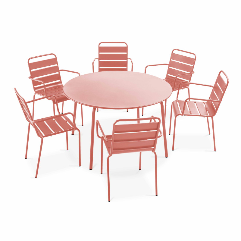 Table de jardin ronde Ø120 x 72 cm et 6 chaises avec accoudoirs en métal