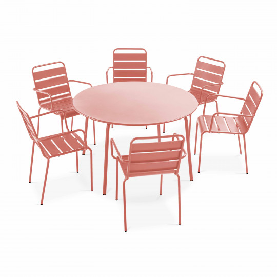 Table de jardin ronde Ø120 x 72 cm et 6 chaises avec accoudoirs en métal