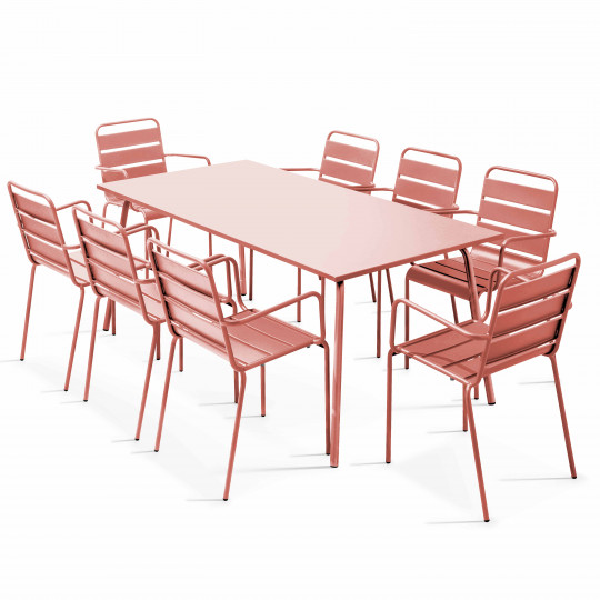 Table de jardin rectangulaire 180 x 90 cm et 8 chaises avec accoudoirs en métal