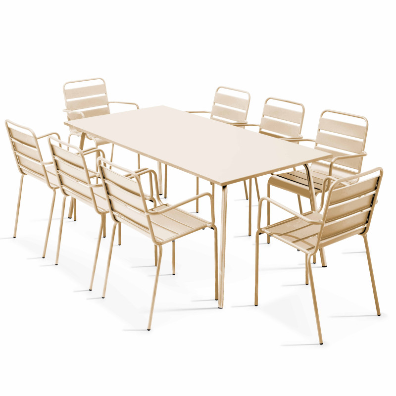 Table de jardin rectangulaire 180 x 90 cm et 8 chaises avec accoudoirs en métal