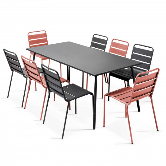 Table de jardin en métal 180x90 cm et 8 chaises dépareillées | Oviala