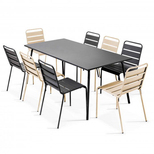 Table de jardin en métal 180x90 cm et 8 chaises dépareillées | Oviala