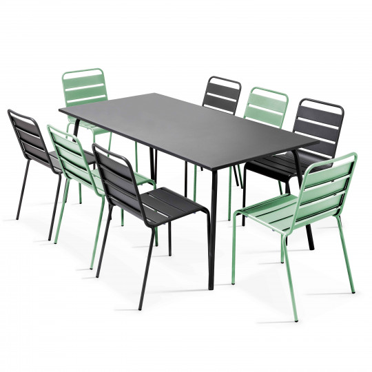 Table de jardin en métal 180x90 cm et 8 chaises dépareillées | Oviala