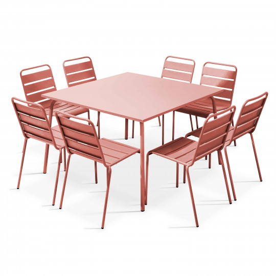 Table de jardin carrée 120 x 120 cm en métal et 8 chaises en métal