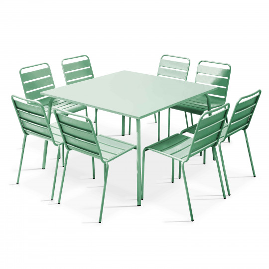Table de jardin carrée 120 x 120 cm en métal et 8 chaises en métal