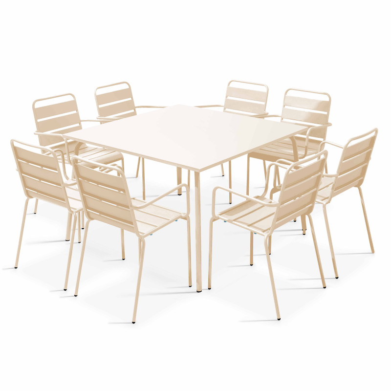 Table de jardin carrée 120 x 120 cm et 8 chaises avec accoudoirs en métal