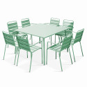 Table de jardin carrée 120 x 120 cm et 8 chaises avec accoudoirs en métal