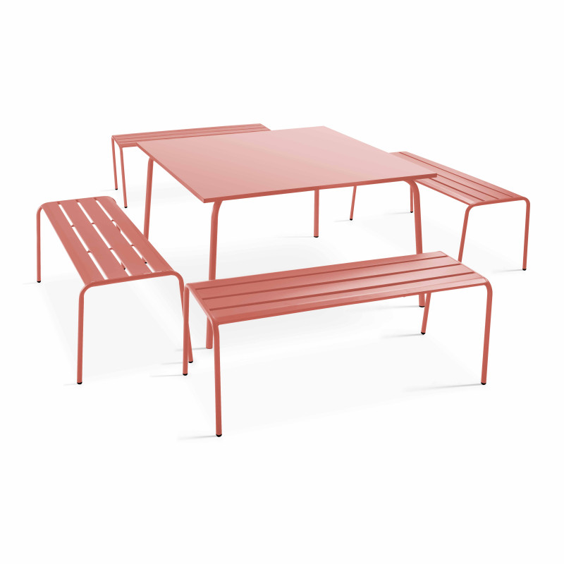 Table de jardin carrée 120 x 120 cm et 4 bancs en métal