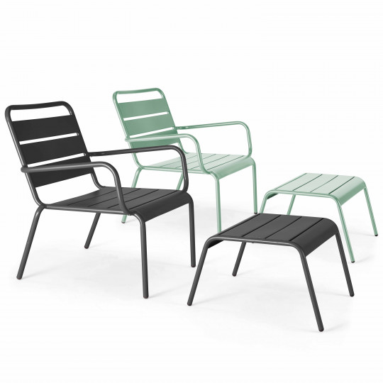Fauteuils de jardin bas en métal et repose-pieds dépareillés - Lot de 2 | Oviala