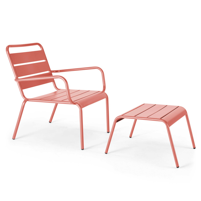 Lot de 2 fauteuils bas et repose-pieds en métal 2 couleurs