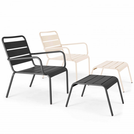 Lot de 2 fauteuils bas et repose-pieds en métal 2 couleurs