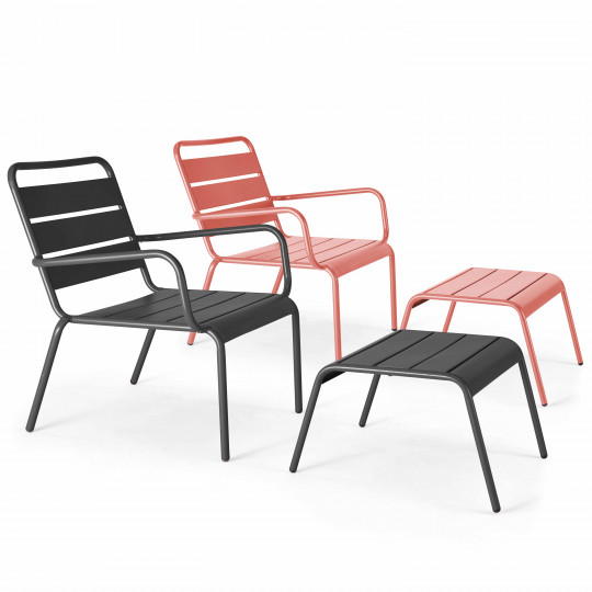Lot de 2 fauteuils bas + repose-pieds en métal bicolore | Oviala