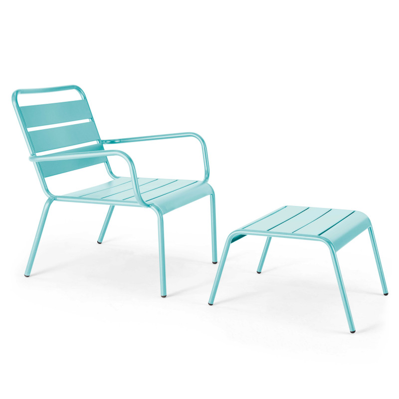 Lot de 2 fauteuils bas et repose-pieds en métal 2 couleurs