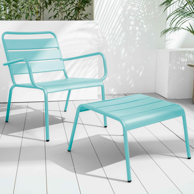 Lot de 2 fauteuils bas et repose-pieds en métal 2 couleurs