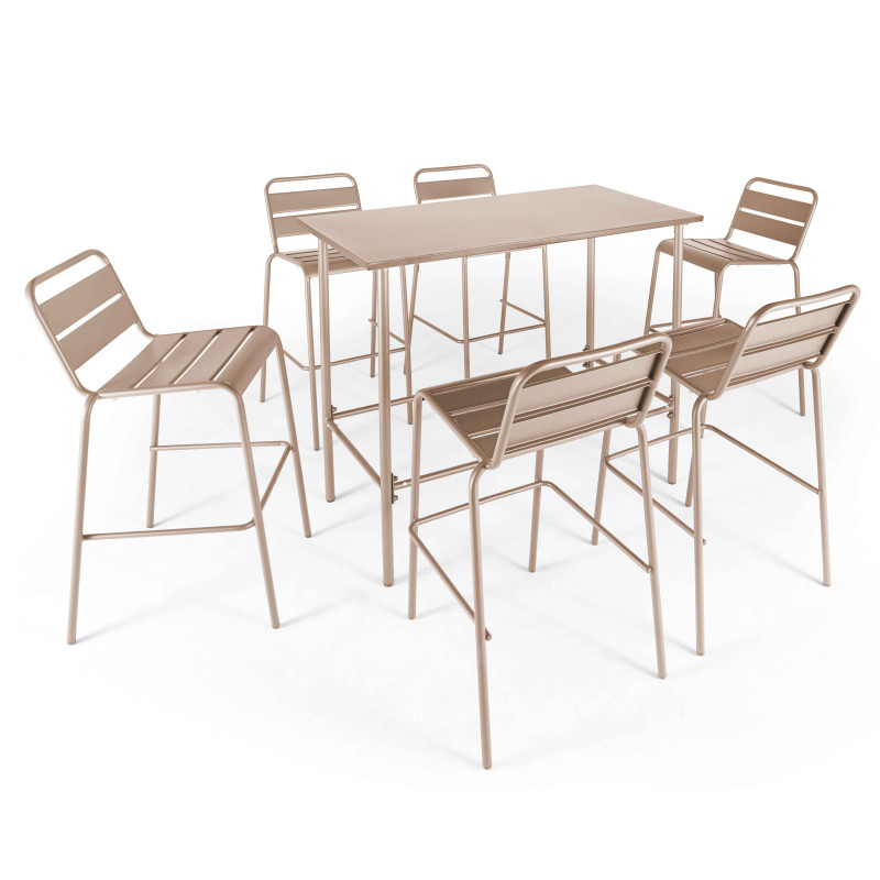 Table haute de jardin 120 x 60 cm et 6 chaises hautes en métal